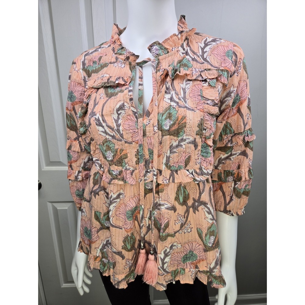 Ivy Jane Shimmer Ruffle V Neck Blouse Top Peach Floral XS Tassel Accent